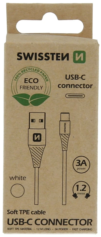 „Swissten“ ekologiškas universalus greito įkrovimo USB-C duomenų ir įkrovimo laidas, 1,2 m