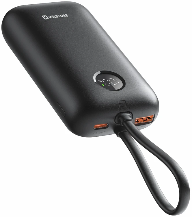 „Swissten Voltbox“ 35 W išorinė baterija, 10000 mAh, su integruotais USB-C ir „Lightning“ laidais
