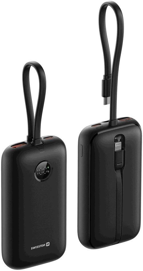 „Swissten Voltbox“ 35 W išorinė baterija, 10000 mAh, su integruotais USB-C ir „Lightning“ laidais