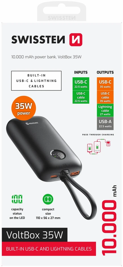 „Swissten Voltbox“ 35 W išorinė baterija, 10000 mAh, su integruotais USB-C ir „Lightning“ laidais