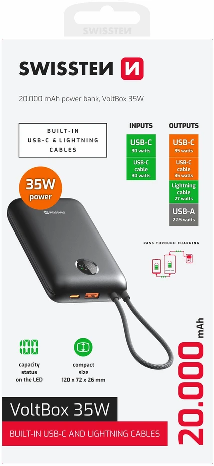 „Swissten Voltbox“ 35 W išorinė baterija, 20000 mAh, su integruotais USB-C ir „Lightning“ laidais