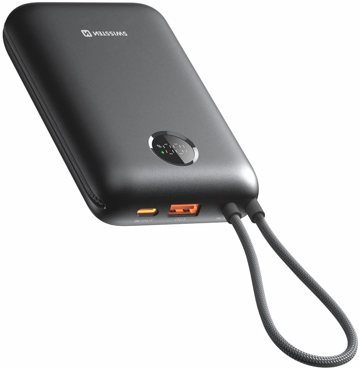 „Swissten Voltbox“ 35 W išorinė baterija, 20000 mAh, su integruotais USB-C ir „Lightning“ laidais