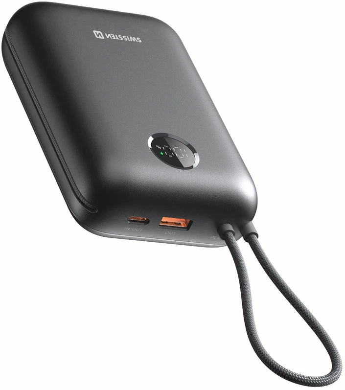 „Swissten Voltbox“ 35 W išorinė baterija (30000 mAh) su integruotais USB-C ir „Lightning“ laidais