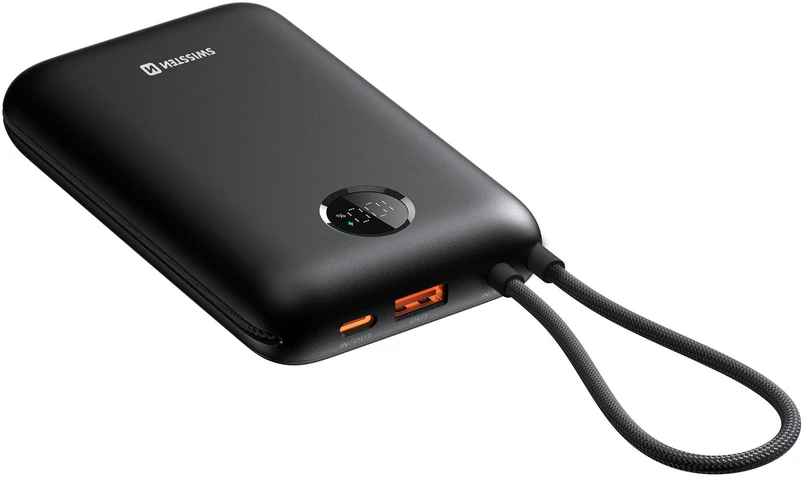 „Swissten Voltbox“ 35 W išorinė baterija (30000 mAh) su integruotais USB-C ir „Lightning“ laidais