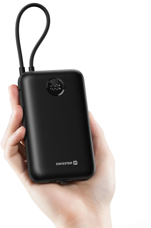 „Swissten Voltbox“ 35 W išorinė baterija (30000 mAh) su integruotais USB-C ir „Lightning“ laidais