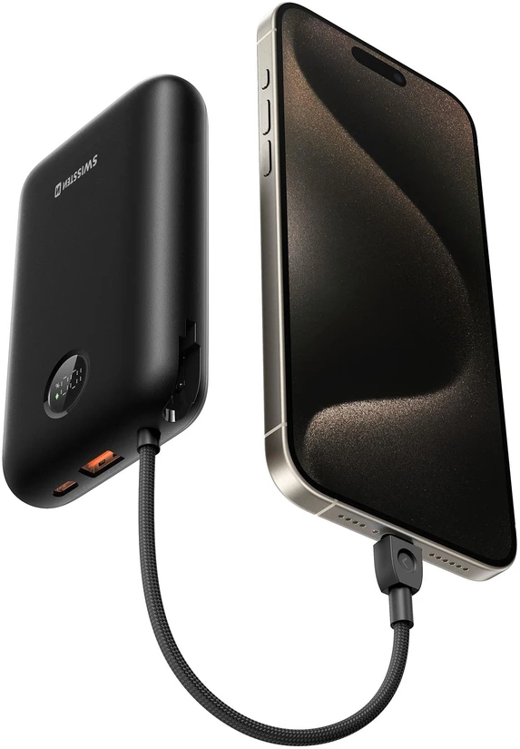 „Swissten Voltbox“ 35 W išorinė baterija (30000 mAh) su integruotais USB-C ir „Lightning“ laidais