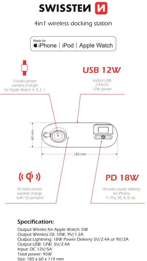 Swissten Įkroviklis Prestigio 4w1 MFI Wireless Docking Station bezprzewodowa