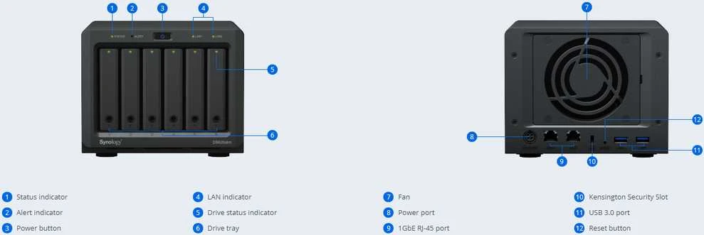 Serveris „Synology Tower NAS DS620slim“ iki 6 HDD / SSD karšto keitimo, „Celeron J3355“ dviejų branduolių, procesoriaus dažnis 2 GHz, 2 GB, DDR3L, RAID 0,1,5,6,10, hibridinis, 2 x 1 GbE, 2 x USB 3.2 1 kartos prievadas, vienas ventiliatorius