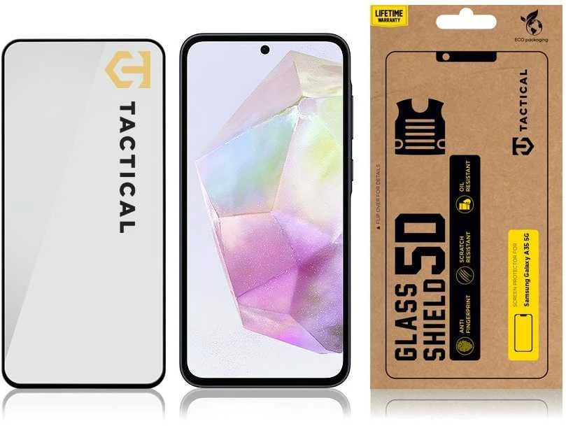 Tactical apsauginis stiklas Shield 5D skirtas Samsung Galaxy A35 5G su juodos spalvos krašteliu