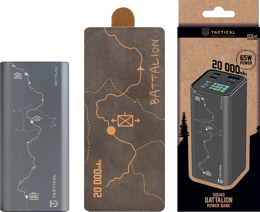 Tactical Squad Battalion 65W 20000 mAh – aukštos galios powerbank: 65W USB‑C, 2× USB‑C + USB‑A, TFT ekranas, aliuminio korpusas ir ekologiška pakuotė.