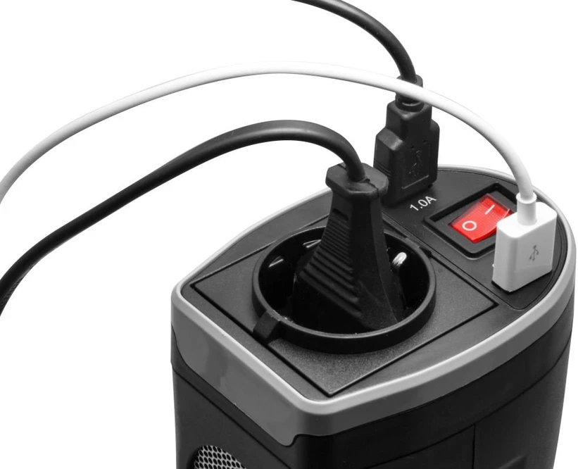 Technaxx TE13 automobilio maitinimo keitiklis, 2 USB prievadai ir 1 CEE 7/4 išvestis, DC 12V, AC 230V 50hz, Juodas / TE13