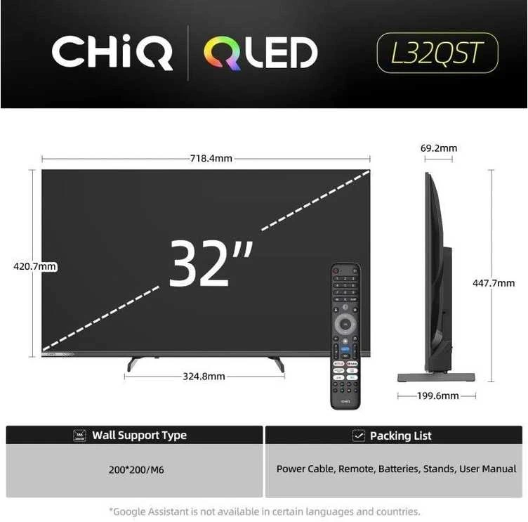 CHiQ L32QST televizorius, 32 colių, QLED, „Full HD“, „Google TV“, berėmis, „Dolby Audio“, „dbx-tv“, HDR 10