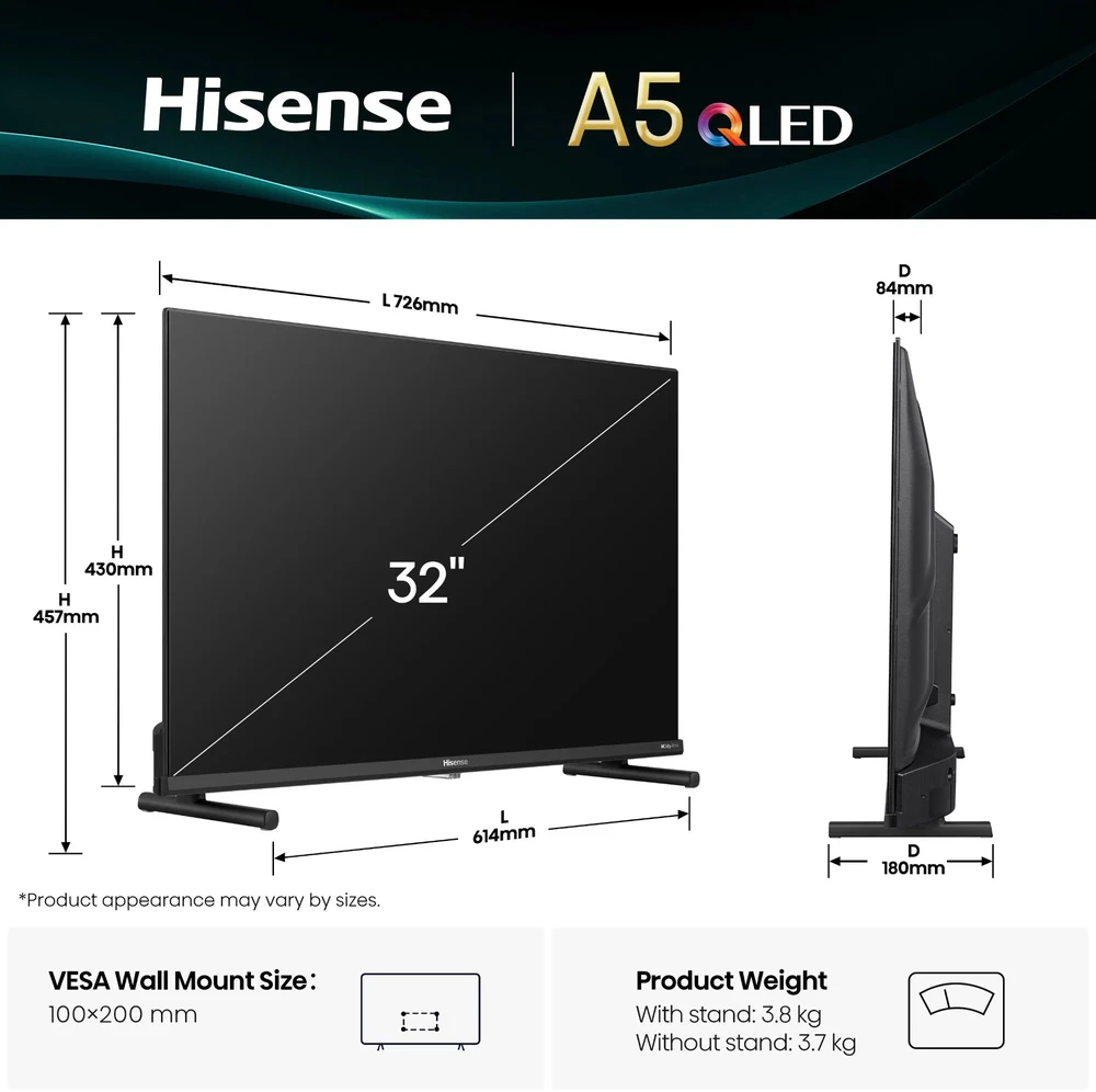 „HISENSE 32A5Q“ 32 colių QLED „FullHD“ vaizdo kokybės televizorius su „OS“ 60 Hz „Dolby Atmos“ vaizdo kokybe.