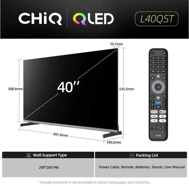 CHiQ L40QST televizorius, 40 colių įstrižainės, QLED, „Full HD“, „Google TV“, berėmis, „Dolby Audio“, „dbx-tv“, HDR 10