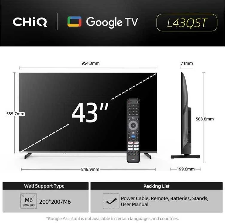 CHiQ L43QST televizorius, 43 colių, FHD, QLED, itin tvirtas, „Android 14“, „Dolby Audio“, berėmis