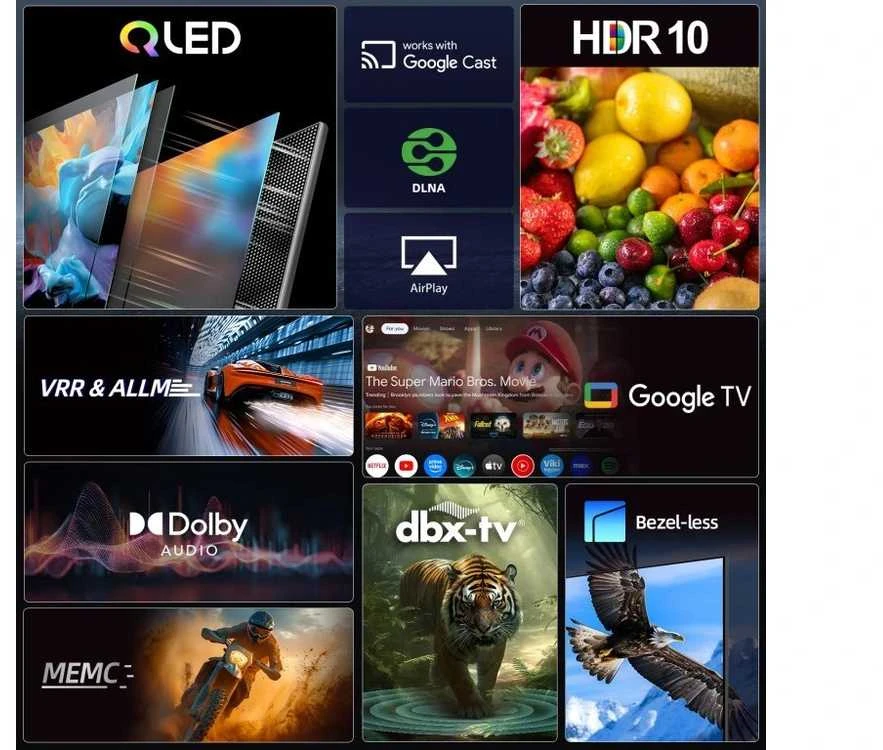 CHiQ U43QST televizorius, 43 colių, UHD, QLED, itin plonas, „Google TV“, DLG 120 Hz, „Dolby Audio“, berėmės, metalinio paviršiaus
