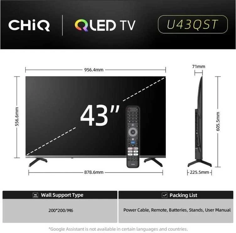 CHiQ U43QST televizorius, 43 colių, UHD, QLED, itin plonas, „Google TV“, DLG 120 Hz, „Dolby Audio“, berėmės, metalinio paviršiaus