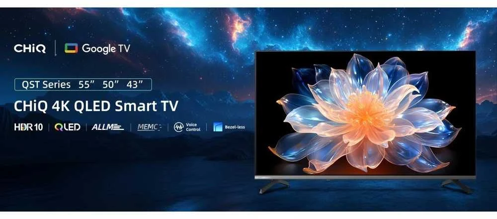 CHiQ U43QST televizorius, 43 colių, UHD, QLED, itin plonas, „Google TV“, DLG 120 Hz, „Dolby Audio“, berėmės, metalinio paviršiaus