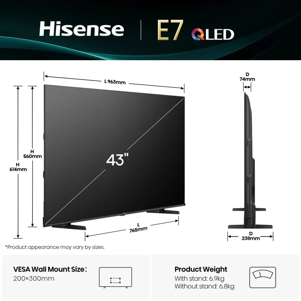 Televizorius Hisense UHD QLED Smart TV | 43E7Q | 43" | Smart TV | VIDAA OS | UHD | Juodas