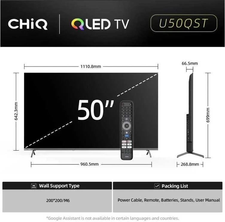 CHiQ U50QST televizorius 50", UHD, QLED, itin plonas, „Google TV“, DLG 120 Hz, „Dolby Audio“, berėmės, metalinio paviršiaus