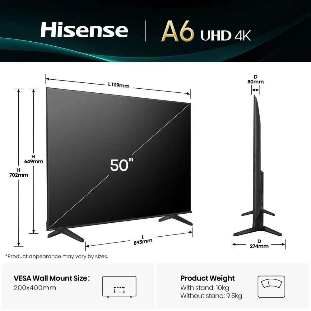 Televizorius Hisense UHD Smart TV | 50A6Q | 50" | Smart TV | VIDAA OS | UHD | Juodas