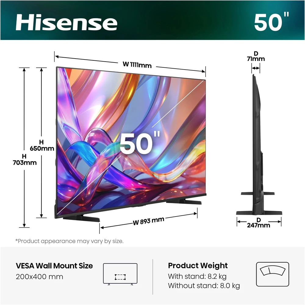 Televizorius Hisense 50E7S 50" QLED 4K VidaaOS 60Hz Dolby Atmos 2026