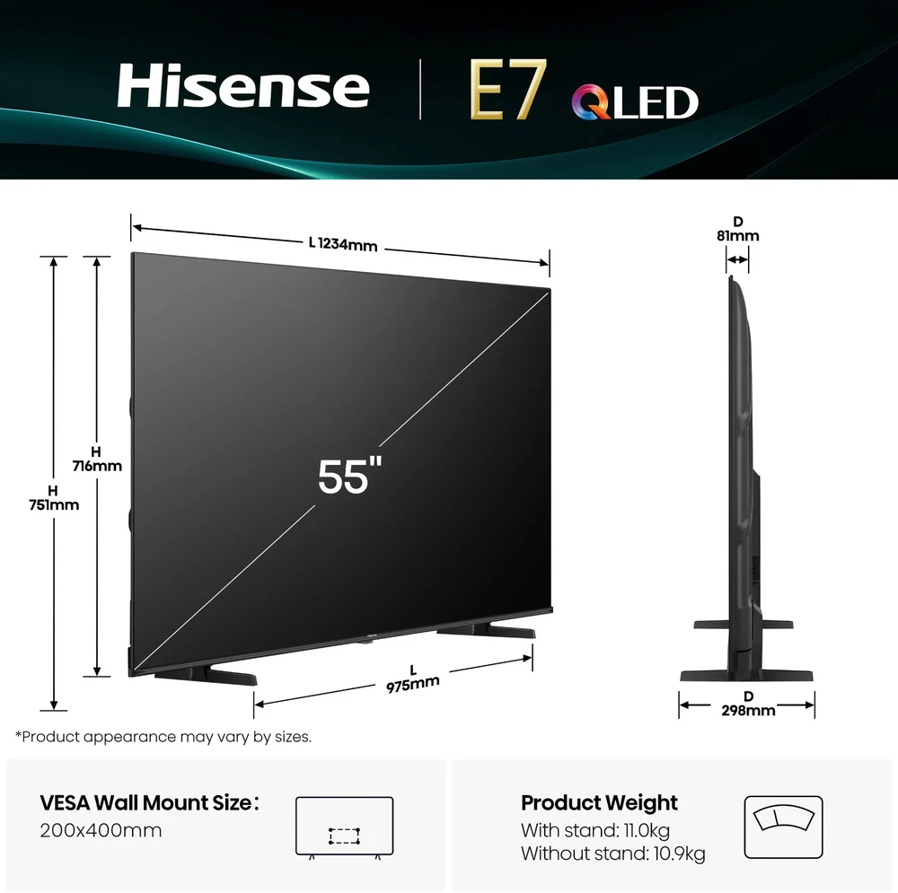 Televizorius Hisense UHD QLED Smart TV | 55E7Q | 55" | Smart TV | VIDAA OS | UHD | Juodas