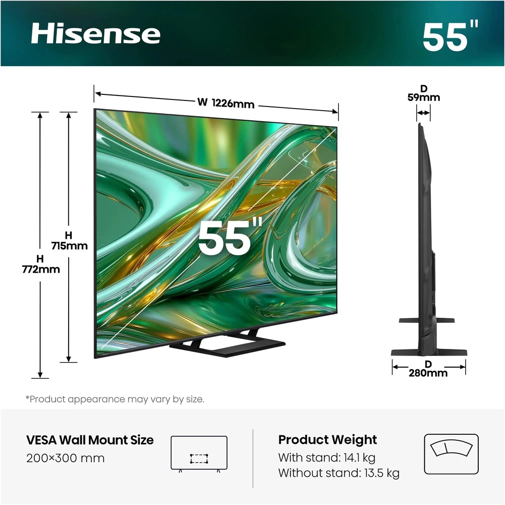 Televizorius Hisense ULED 55E8S MiniLED QLED-TV - 139 cm (55 colių) UltraHD/4K Trigubas Imtuvas 144Hz Juodas/tamsiai pilkas