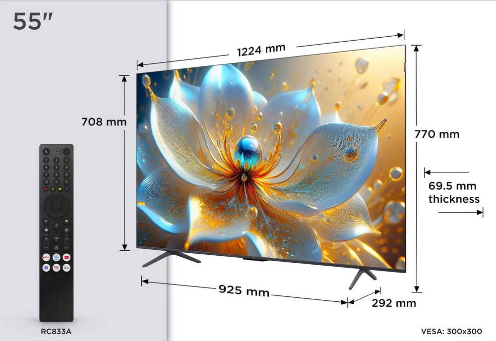 Televizorius TCL 4K QLED TV | 55T8C | 55 | Smart TV | Google TV | Juodas