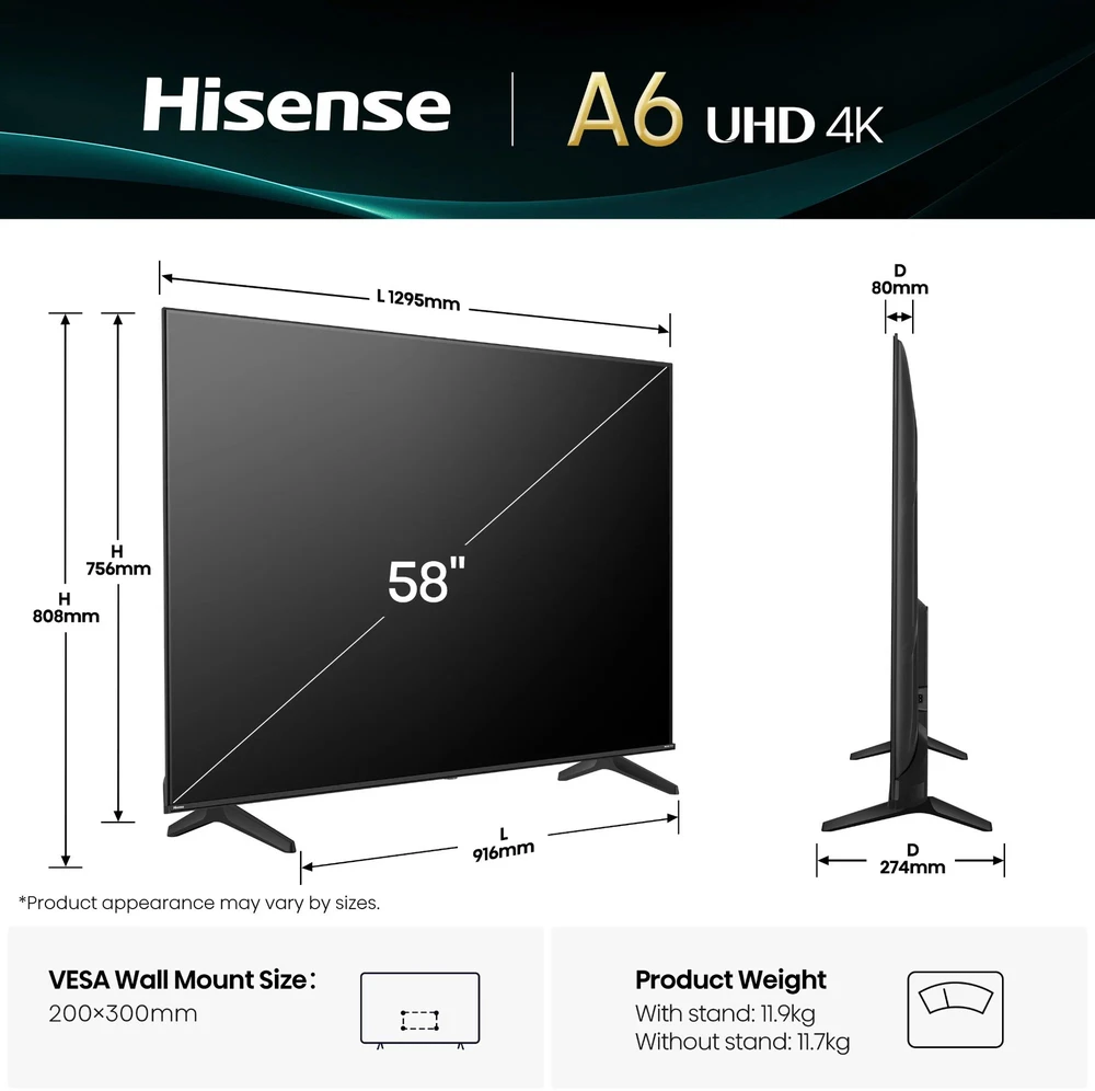 Televizorius „HISENSE 58A6Q“ 58 colių įstrižainės LED 4K vaizdo įrašymo įrenginys su „VideoOS“ ir „Dolby Vision“ raiška