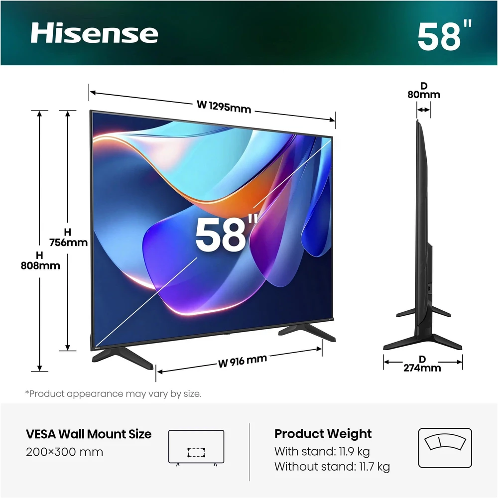 Televizorius Hisense 58A6S, LED televizorius - 146 cm (58 colių), UltraHD/4K, trigubas imtuvas