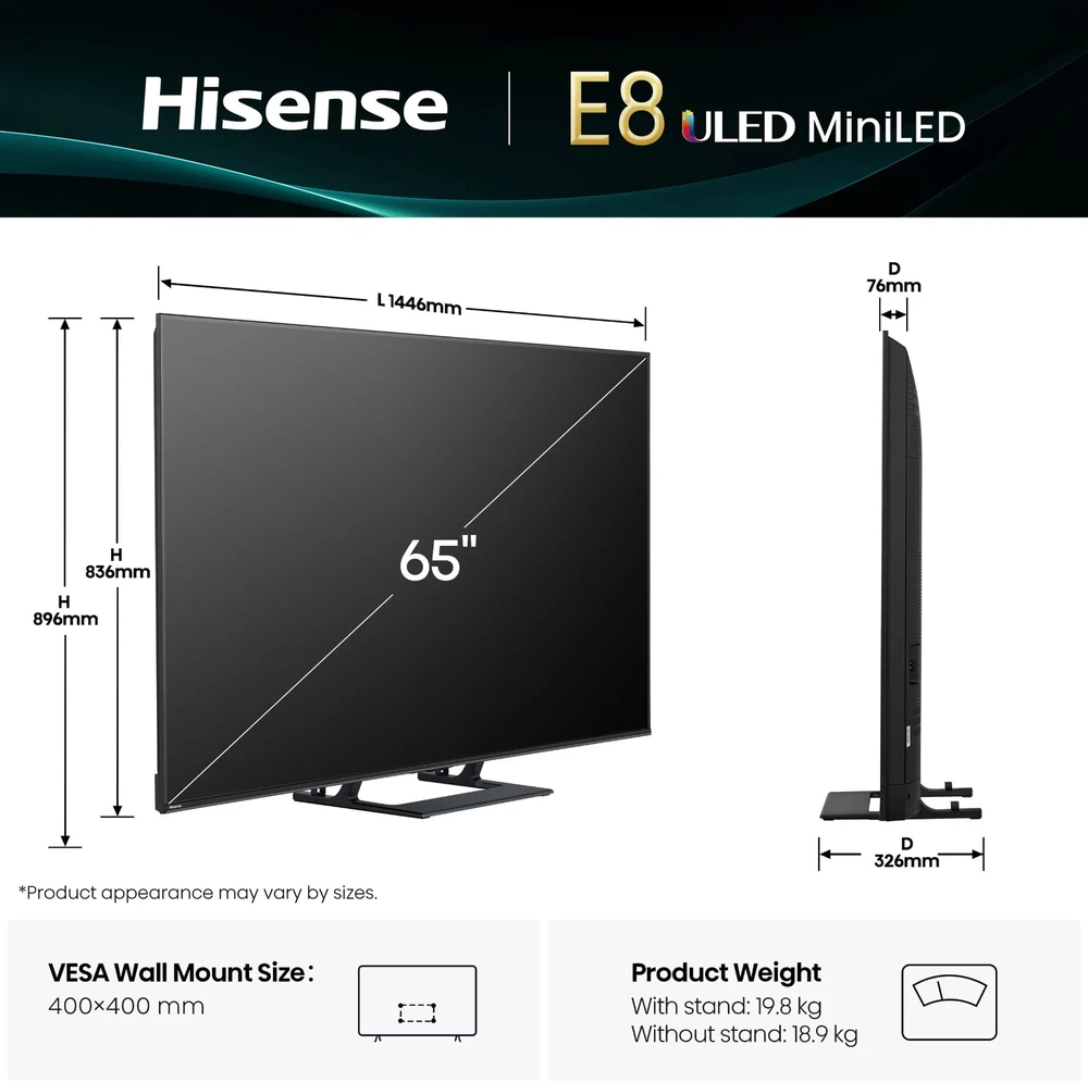 Televizorius Hisense 65E8Q 165.1 cm (65") 4K Ultra HD Smart TV Wi-Fi Juodas, Pilkas 600 cd/m²