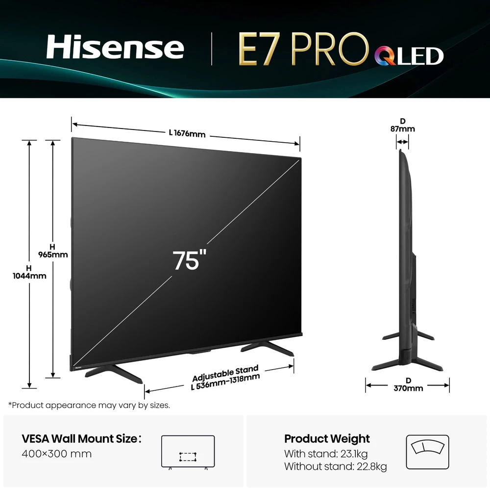 Televizorius HISENSE 75E7Q PRO 75" QLED 4K VidaaOS 144Hz Dolby Atmos