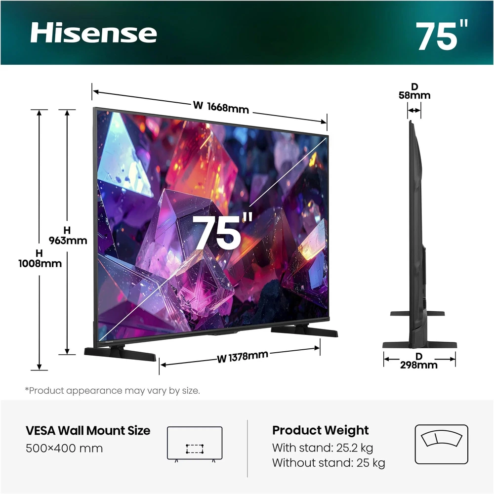Televizorius TV Set Hisense 75E7S PRO Hi-QLED-TV - 189 cm (75 inches) UltraHD/4K 144Hz