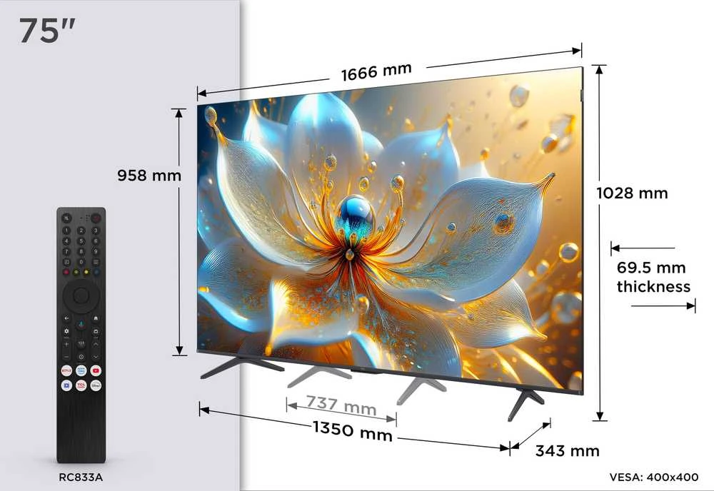 TCL 4K QLED televizorius | 75T8C | 75 | Išmanusis televizorius | „Google TV“ | Juoda