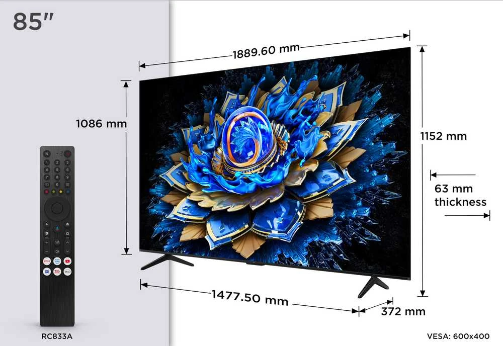TCL 4K QLED televizorius | 85T69C | 85 | Išmanusis televizorius | „Google TV“ | UHD | Juodas