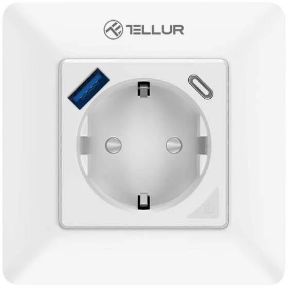 „Tellur“ išmanusis WiFi sieninis kištukas 3600 W 16 A, PD20 W, USB 18 W, energijos rodmuo, baltas