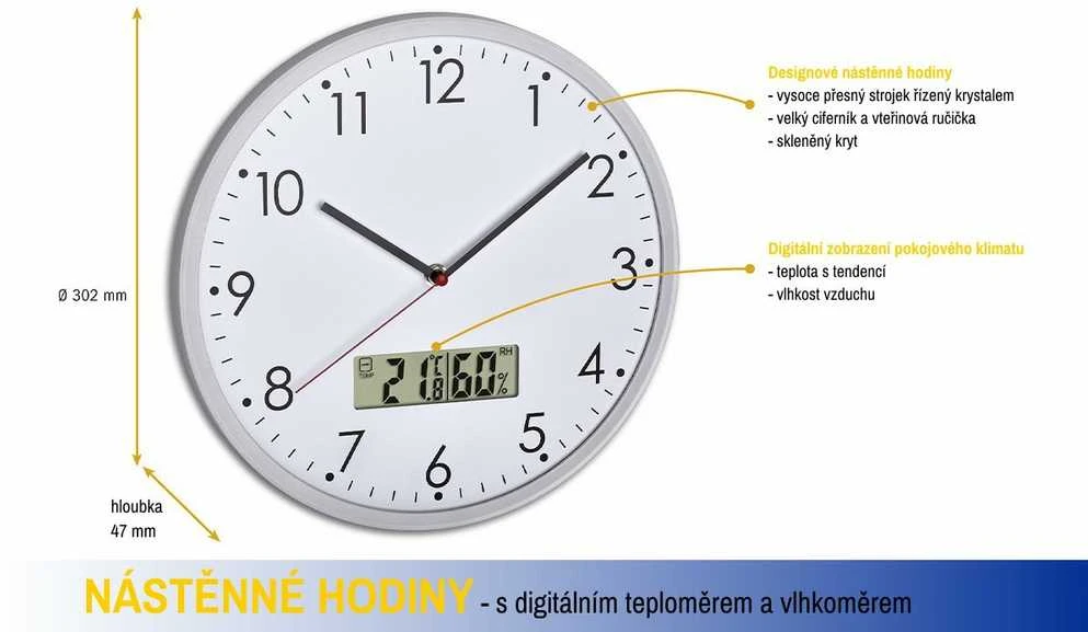 Analoginis sieninis laikrodis su skaitmeniniu termometru ir higrometru TFA 60.3048