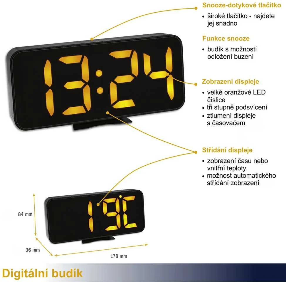 TFA 60.2027.01 Skaitmeninis žadintuvas su LED šviečiančiais skaitmenimis