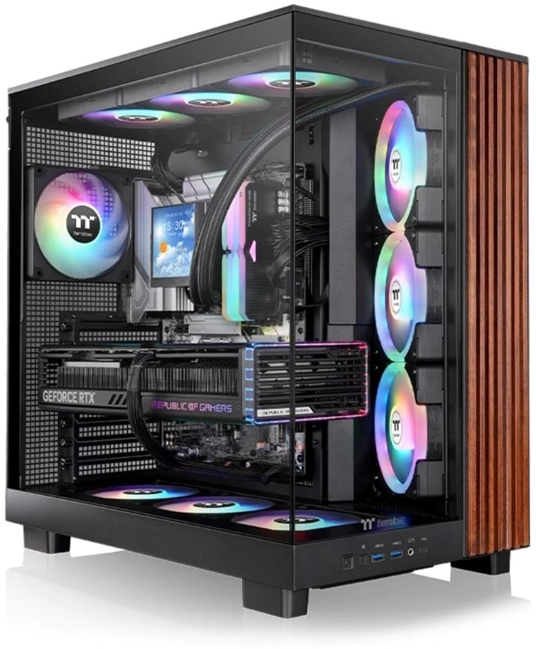 „Thermaltake View 380 XL WS ARGB“, bokšto tipo korpusas - medinis/juodas, 2 grūdinto stiklo plokštės, medinė konstrukcija