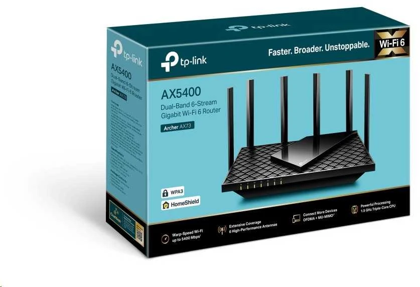Maršrutizatorius TP-LINK Archer AX73 (AX5400) Dual-band 2,4 / 5 Ghz - Wi-Fi 6 - 5400 Mbit/s - 10,100,100 Mbit/s - RJ45 - MU-MIMO