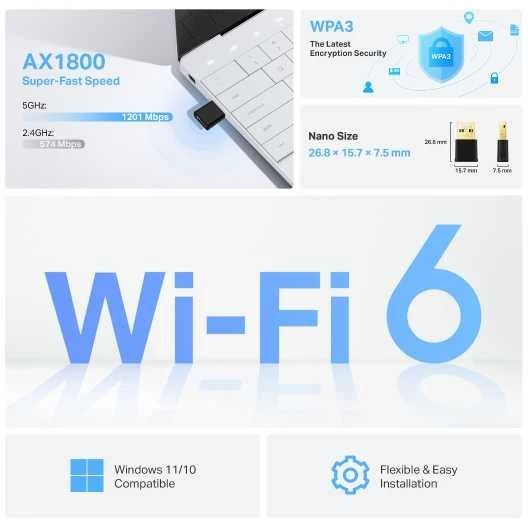 TP-Link Archer TX1800U Nano Wi-Fi 6 savybių infografikas