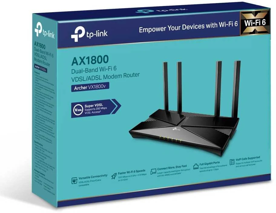 TP-Link Archer VX1800v belaidis maršrutizatorius Gigabit Ethernet dviejų dažnių (2,4 GHz/5 GHz) Juodas