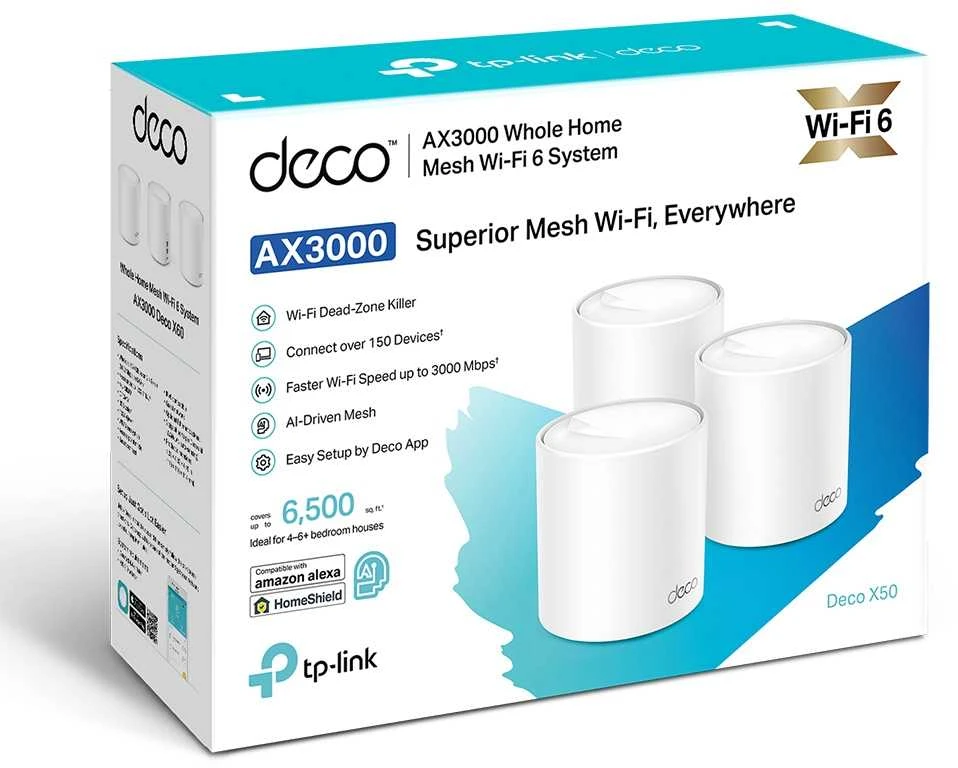 Maršrutizatorius TP-LINK | Visų namų tinklelio „Wi-Fi 6“ sistema | „Deco X50“ (2 vnt. pakuotė) | 802.11ax | 574+2402 Mb/s | Ethernet LAN (RJ-45) jungtys 3 | Tinklo palaikymas: Taip | MU-MiMO: Taip | Ne, mobilusis plačiajuostis ryšys: | Antenos tipas: Vidinė