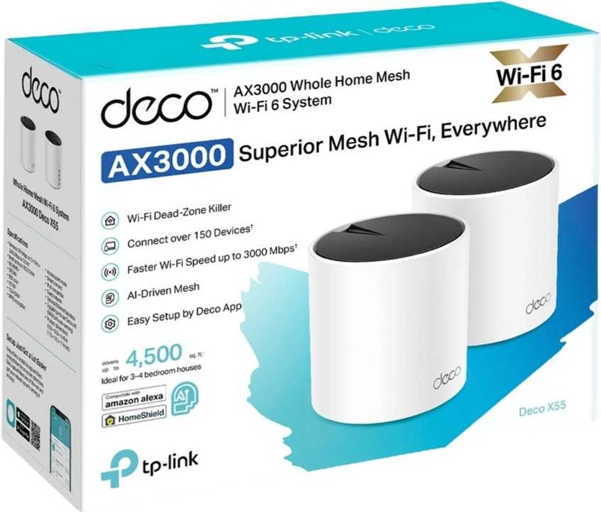TP-Link Wi-Fi Maršrutizatorius Deco X55 AX3000 (2pcs), 3000Mbps, LAN/WAN, 802.11ac, Baltas EU