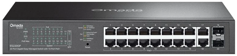 Šakotuvas TP-Link OMADA ES220GP tinklo komutatorius su valdomu gigabito eternetu (10/100/1000), maitinimu per eternetą (PoE), Juodas