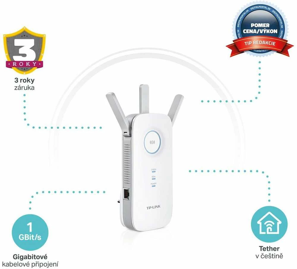 TP-LINK AC1750 dviejų juostų belaidis sieninis diapazono plėstuvas Qualcomm 1300Mbps esant 5GHz + 450Mbps esant 2,4Ghz 802.11ac/a/b/g/n