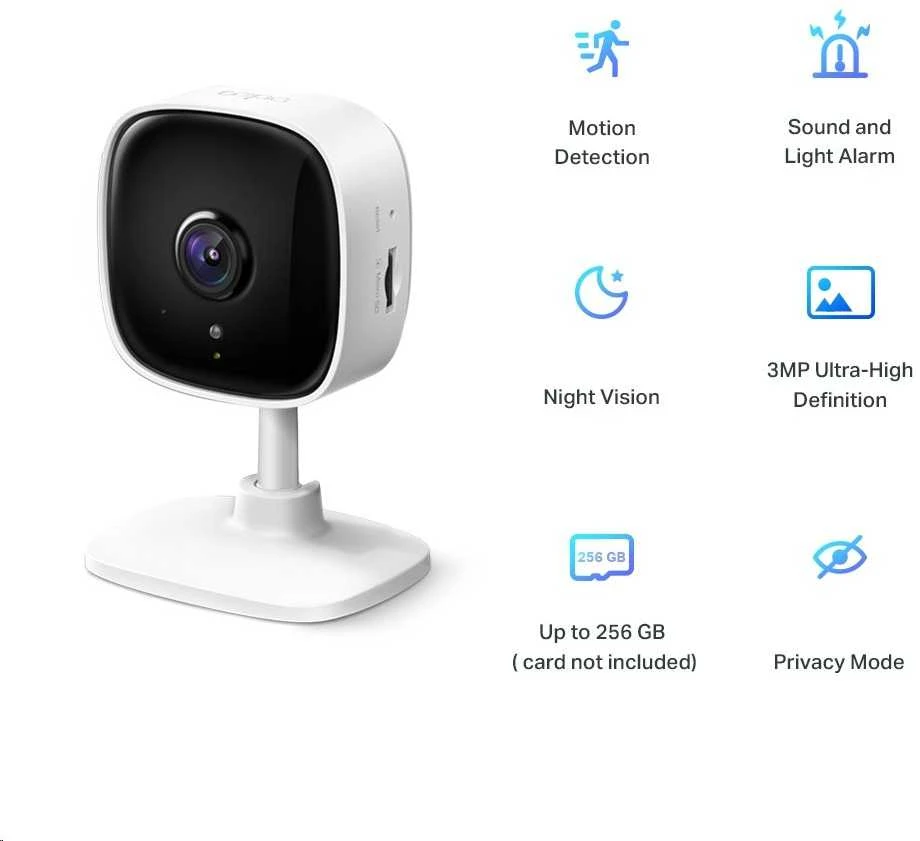 TP-LINK | Namų apsauga Wi-Fi kamera | Tapo C110 | Kubas | 3 MP | 3,3 mm/F/2,0 | Privatumo režimas, garso ir šviesos signalizacija, judesio aptikimas ir pranešimai, patobulintas naktinis matymas | H.264 | Micro SD, maks. 256 GB