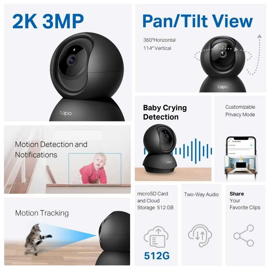 TP-LINK | Namų apsaugos Wi-Fi kamera su pasukama/pakreipiama funkcija | Tapo C211 | PTZ | 3 MP | 3,83 mm | H.264 | Micro SD, maks. 512 GB
