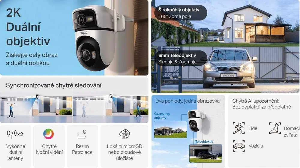 TP-LINK | Dviejų objektyvų apsaugos „Wi-Fi“ kamera | Tapo C545D | Kupolinė | 3 MP | 6 mm | IP66 | H.264 | „MicroSD“, iki 512 GB